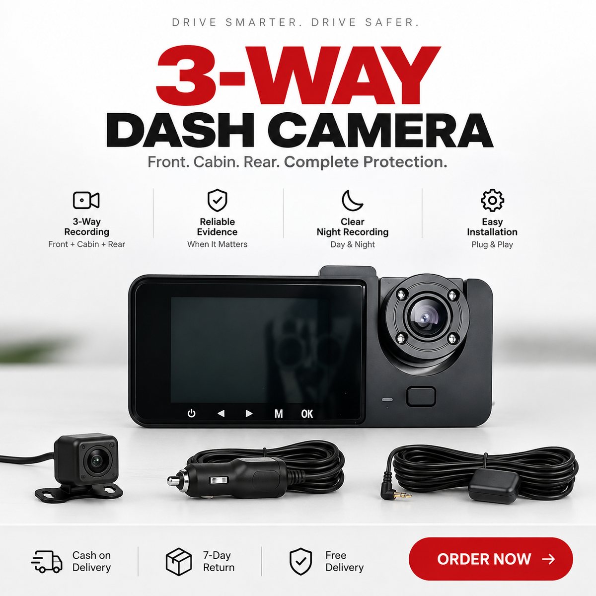 3-Way Dash Camera – Front, Cabin & Rear Recording