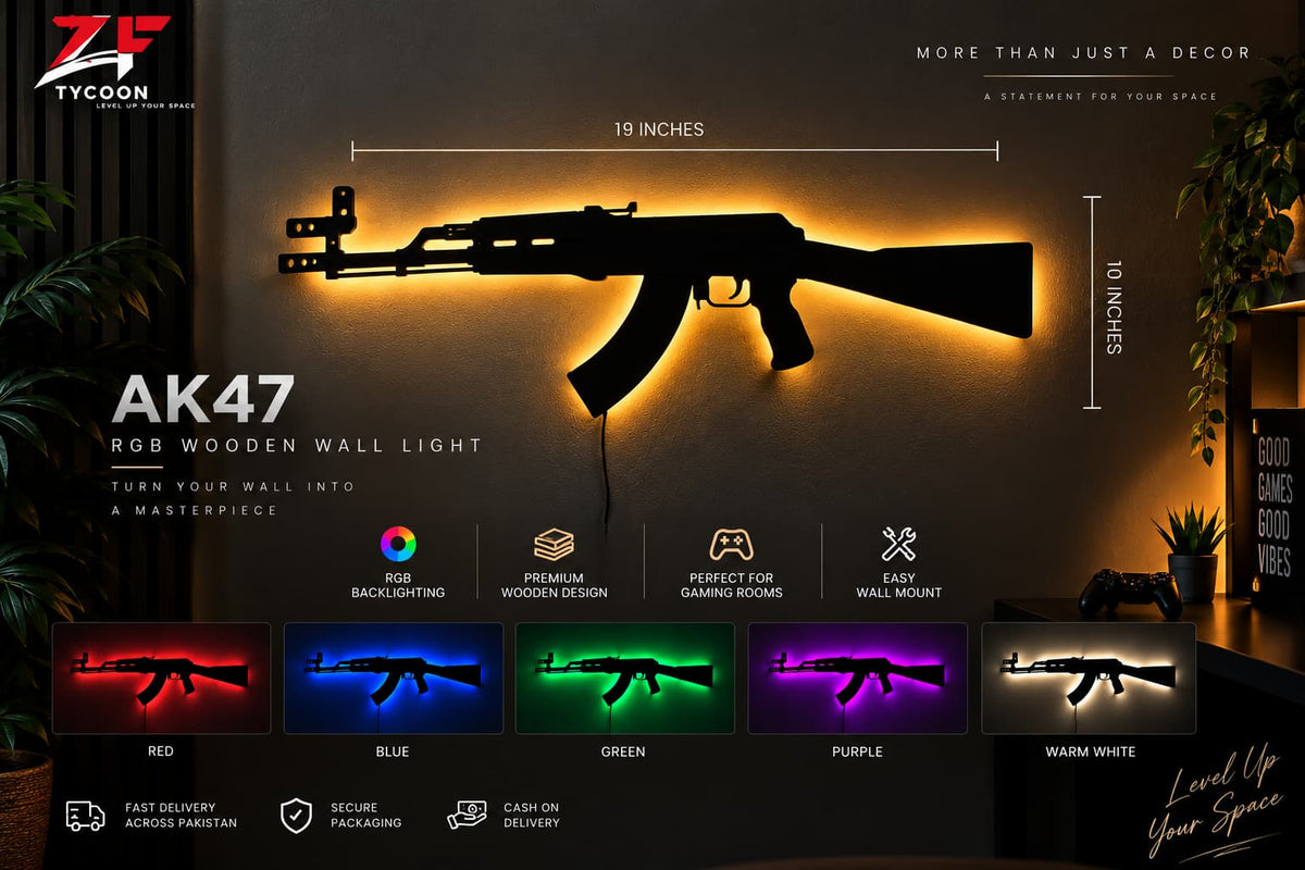 AK47 RGB Wooden LED Wall Light – Gaming Room Wall Décor