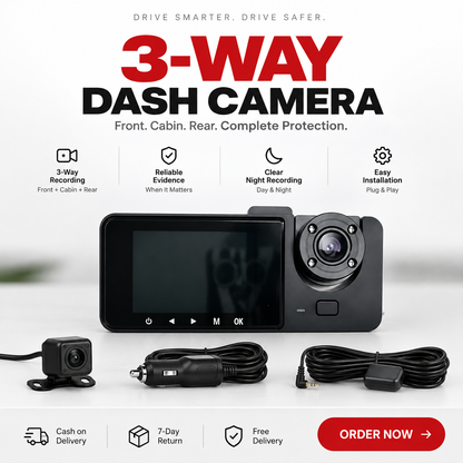 3-Way Dash Camera – Front, Cabin & Rear Recording
