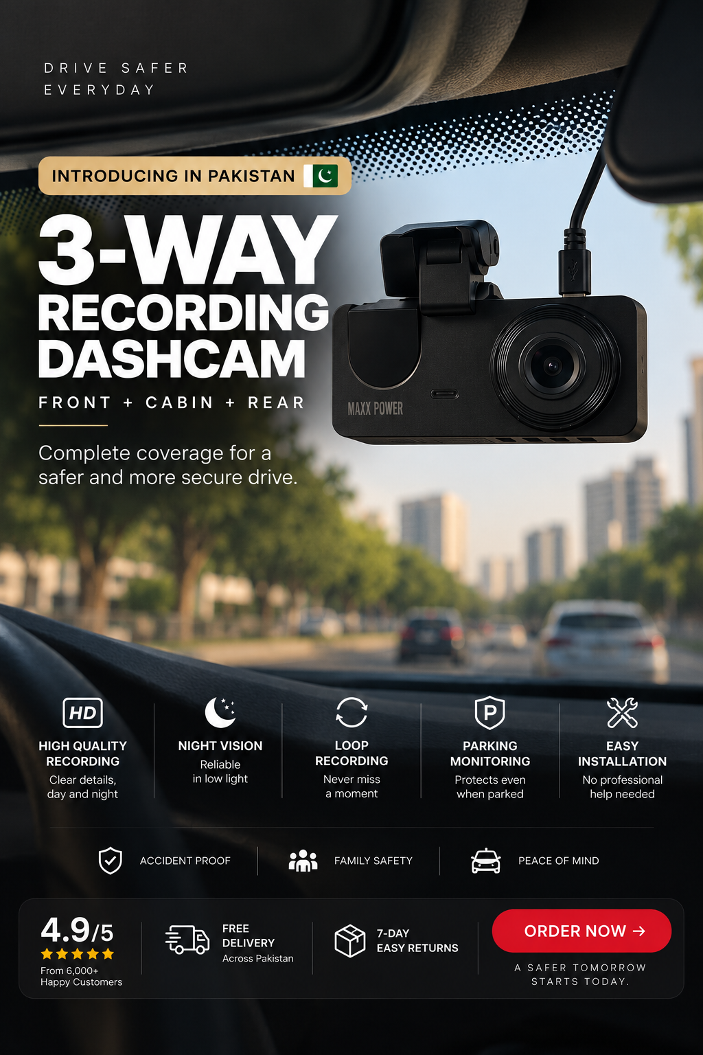3-Way Dash Camera – Front, Cabin & Rear Recording