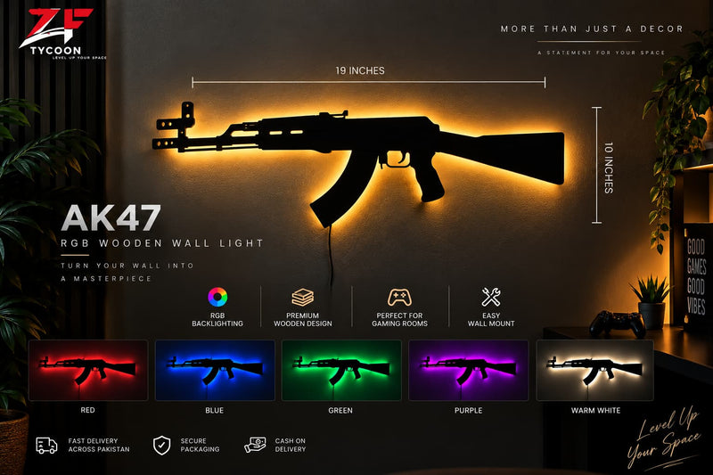AK47 RGB Wooden LED Wall Light – Gaming Room Wall Décor